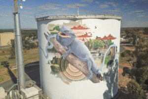 The Lizard mural found along the Narrandera Water Tower Art Trail in Narrandera. The name Narrandera is derived from Narrungdera, the name of the Wiradjuri clan that inhabited the land where the town now rests, meaning "place of many lizards" (Eastern Bearded Dragon).